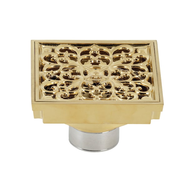 BSF9771BB Watercourse Scroll 4" Square Grid Shower Drain, Brushed Brass